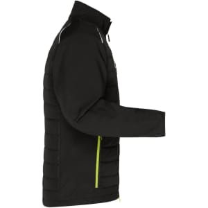 A men's hybrid jacket featuring a black soft shell design with green accents and a zippered pocket.