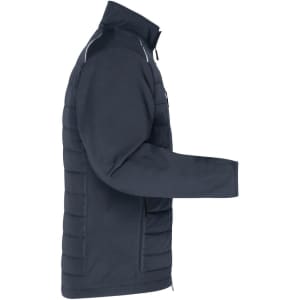 A navy soft shell jacket with a quilted design and a zip closure. It features a logo on the front.