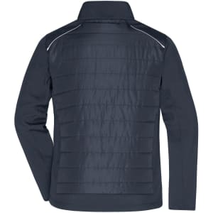 A men's hybrid jacket in navy blue featuring a soft shell design and a logo on the back.