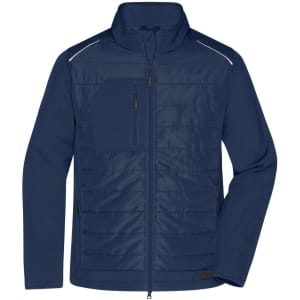 A navy blue men's hybrid jacket featuring a zip front, stand-up collar, and a chest pocket. It has a logo.