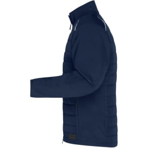 A navy mens hybrid jacket featuring a soft shell design with a zip front and side pockets. It has a logo.