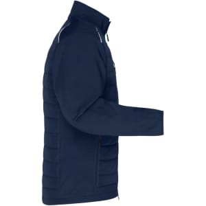 A navy men's hybrid soft shell jacket with a zip front and side pockets, featuring a logo on the chest.