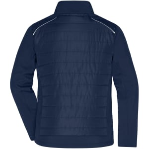 A navy men's hybrid jacket with a quilted back and a collar, featuring a logo.