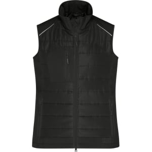 A black hybrid vest featuring a high collar, zip closure, and a pocket, with a subtle reflective detail.