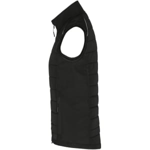 A black ladies hybrid vest with a zip front and sleeveless design, featuring a modern quilted appearance.