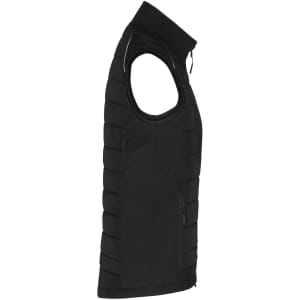 A black ladies hybrid vest with a zip and padded sections, featuring a side zip pocket and a logo.