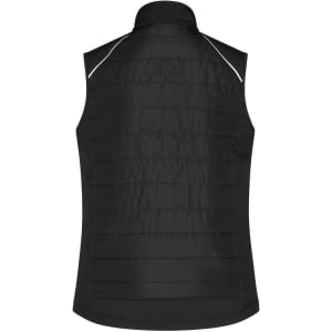 A black ladies hybrid vest with a sleek design and a subtle logo on the back.