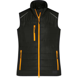 A black ladies hybrid vest with orange zip details and pockets. It features a high collar and sleeveless design.