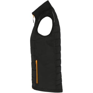 A black vest with orange accents, featuring a sleeveless design and a zippered pocket on the side.