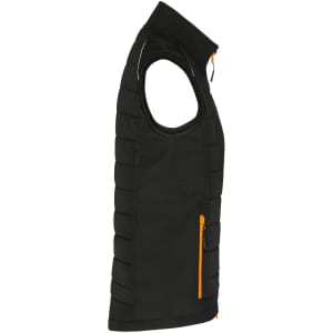A black ladies hybrid vest featuring an orange zip pocket, showcasing a sleeveless design and quilted texture.