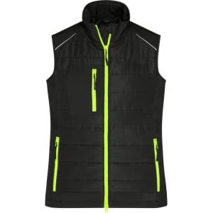 A black ladies hybrid vest with contrasting bright green zippers and a high collar. It features multiple zippered pockets and has a logo.