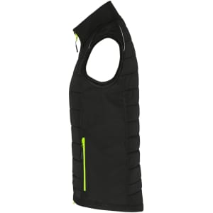 A black ladies hybrid vest with a zippered pocket, featuring a bright yellow zip and a sleeveless design.