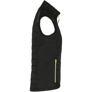 A black hybrid vest with a zippered front, featuring neon green accents and no sleeves. Includes a branding logo.