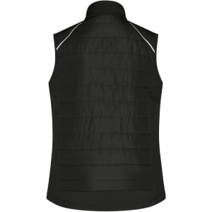 A black ladies hybrid vest with a quilted design, featuring a high collar and reflective accents. It has a logo.