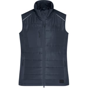 A navy hybrid vest with a high collar, featuring a zip front and a logo on the lower edge.