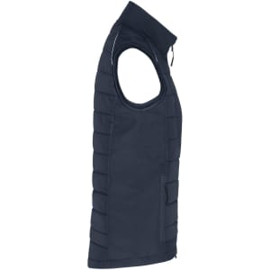 A navy ladies' hybrid vest featuring a zip-up front, sleeveless design, and a side pocket. It has a logo on the front.