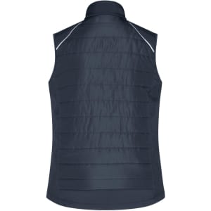 A navy blue ladies hybrid vest with a quilted design and a collar, featuring a logo at the back.