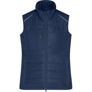 A navy blue ladies hybrid vest featuring a high collar, zippered pockets, and a branding logo.
