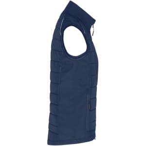 A navy blue ladies hybrid vest featuring a zippered front and quilted design, with one side pocket and a logo.