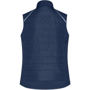 A navy blue ladies hybrid vest with a quilted texture and a back collar. It features a subtle logo.