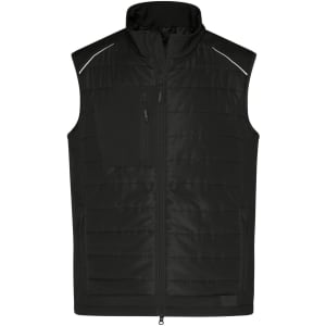 A black hybrid vest featuring a zippered front and a chest pocket, with reflective details and a stand-up collar.