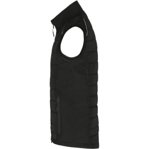 A black men's hybrid vest featuring a zip closure and a stylish puffer design. It includes a logo on the chest area.