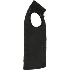 A black men's hybrid vest featuring a sleeveless design, zippered front, and a side pocket.