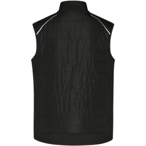 A black men's hybrid vest with a high collar and quilted design, featuring reflective detailing and a logo.