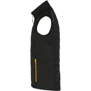A black hybrid vest with a yellow zip pocket, featuring a sleeveless design and padded texture.