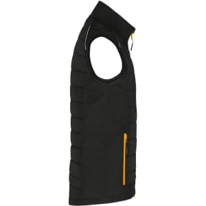 A black men's hybrid vest featuring a yellow zipper, showcasing a sleeveless design and padded texture.