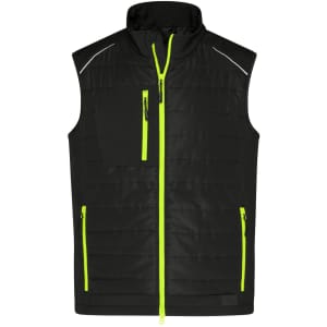 A black hybrid vest with bright green accents and zip pockets, featuring a stand-up collar and a logo.