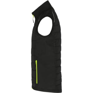 A black hybrid vest with a zippered pocket and neon yellow accents, featuring a sleeveless design.