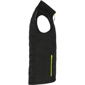A black men's hybrid vest with a zippered pocket and bright green accent, featuring a sleeveless design.