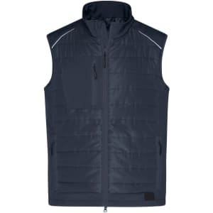 A navy men's hybrid vest with a zip front, high collar, and multiple pockets. Features reflective detailing and a logo.