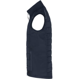 A navy men's hybrid vest with a sleeveless design and a side pocket, featuring a branding logo.