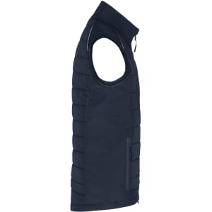 A navy blue men's hybrid vest with a zippered front and side pocket, featuring a sleek design and padded sections.