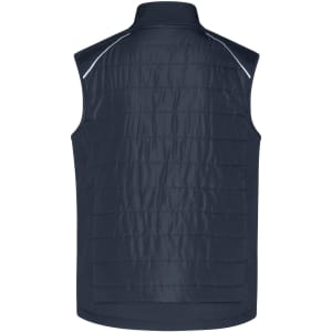 A navy Mens Hybrid Vest with a smooth front and quilted back, featuring a logo on the side.