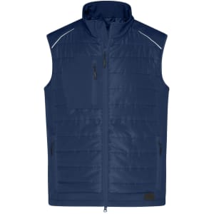 A navy hybrid vest with a zip front, pockets, and reflective detailing, featuring a logo on the lower side.