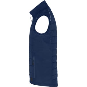 A navy hybrid vest with a zip closure and a side pocket, designed without sleeves. It features a branding logo.