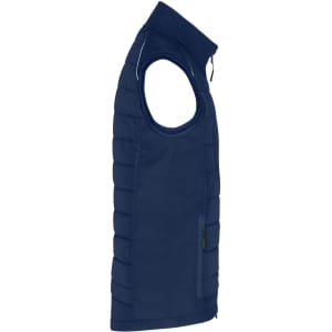 A navy mens hybrid vest with a zip front, padded design, and one side pocket. It features a logo.