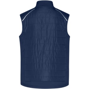 A navy men's hybrid vest with a quilted design and a high collar, featuring reflective details and a logo.