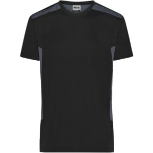 A black work T-shirt with grey detailing and a logo on the chest. Suitable for men’s workwear.