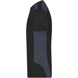 A men's workwear T-shirt in black with blue accents, featuring a logo on the front.
