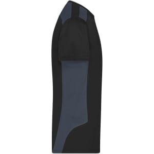 A black and navy blue men's workwear T-shirt with short sleeves and a logo.