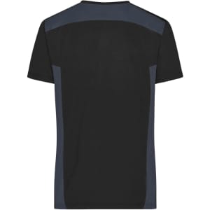 A men's workwear T-shirt in black with blue panels on the shoulders. Features a logo on the back.