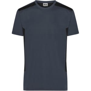 A navy blue men's workwear T-shirt featuring black accents on the shoulders, with a logo on the label.