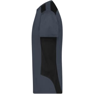 A men's workwear T-shirt in navy blue with black accents and a logo on the side.
