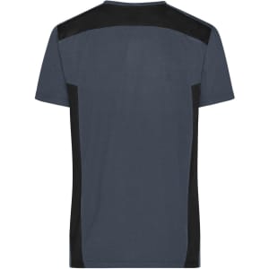 A dark blue men's work t-shirt featuring black panels on the shoulders and sides. It has a back view design.