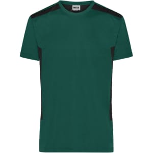 A green men's workwear T-shirt featuring black accents and a logo on the upper part.