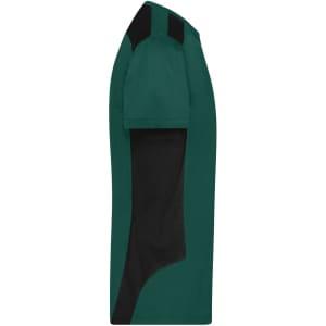 A green and black men's work T-shirt featuring a side view design with contrasting panels and a logo.